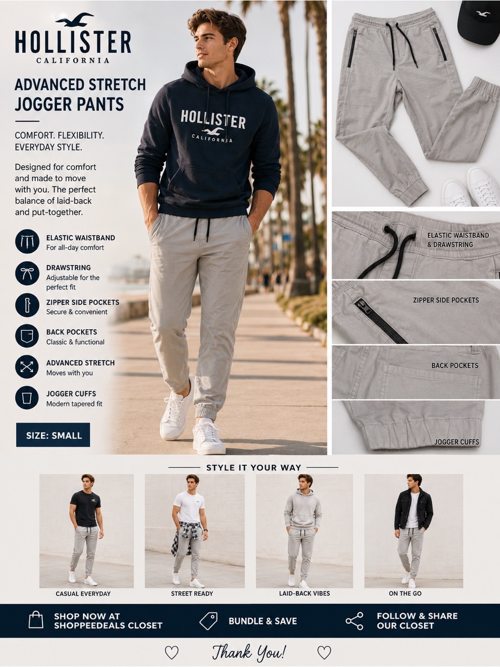 Hollister California Advanced Stretch Jogger Pants – Light Gray | Size Small